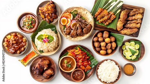 Authentic Indonesian Food Showcase on White Background in High Definition 8K Quality, Top View Realistic Group Display