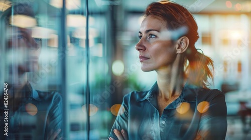 Businesswoman gazing thoughtfully out of a window in a modern office, reflecting on future goals and planning strategies.