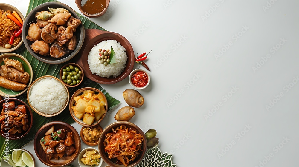 Vibrant Indonesian Food Spread on White Background in High Definition 8K Top View