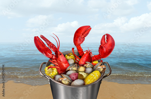 Lobster Bake on the beach as a Pot of lobsters boiling with corn clams and potatoes as a classic Atlantic coast festive meal and seafood cooking in New England.