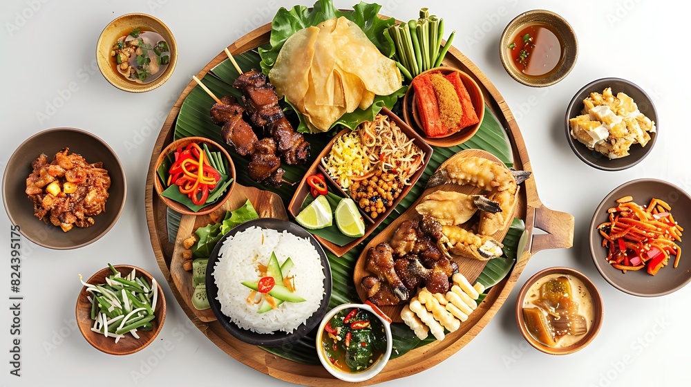 Authentic Indonesian Food Spread in High Definition - Top View of Traditional Dishes on White Background in Stunning 8K Resolution Authentic Indonesian Food Spread in High Definition - Top View of Traditional Dishes on White Background in Stunning 8K Resolution