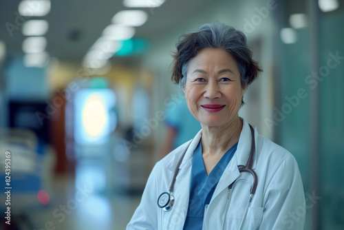 A woman in a white lab coat is smiling for the camera. She is a doctor and is standing in a hospital hallway