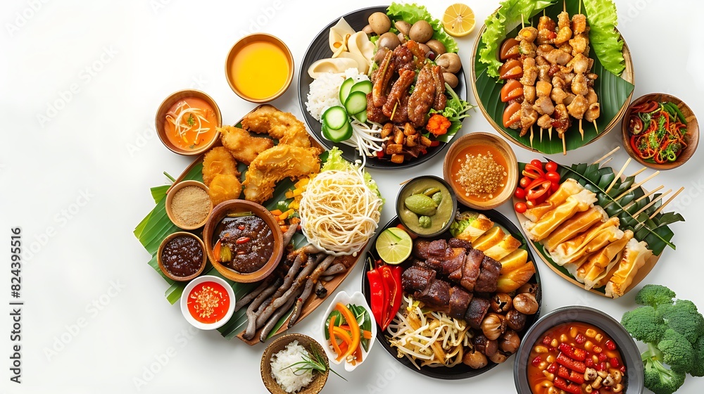 Fototapeta premium Vibrant Collection of Authentic Indonesian Food from a Top View on Clean White Background in Stunning 8K Resolution for Culinary Concepts