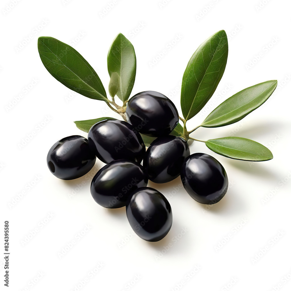 Black olives with leaves isolated on transparent or white background | Generative AI Black olives with leaves isolated on transparent or white background | Generative AI