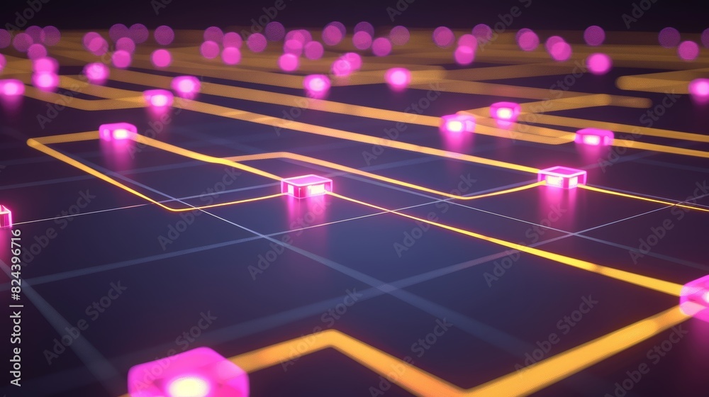 Close-up of a futuristic circuit board with glowing pink and yellow lights, representing innovative technology and advanced computing. Close-up of a futuristic circuit board with glowing pink and yellow lights, representing innovative technology and advanced computing.
