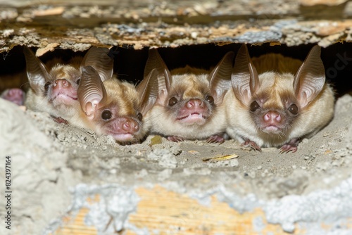 Eerie Scene of Bats Roosting in an Attic, Homeowners Investigating Mysterious Noises with Flashlights, Evoking an Atmosphere of Unexpected Encounters and Chaos.