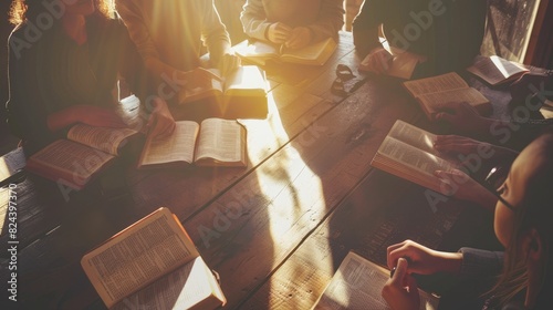 Small group of diverse people reading the Bible together.