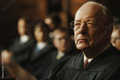 Judge deep in thought, considering evidence at trial photo