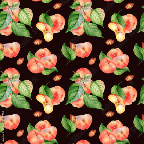 Chines fig peaches and leaves watercolor seamless pattern isolated on dark. Whole ripe fruits painting. Flat peach on branch hand drawn. Design element for package, textile, skin care cosmetic