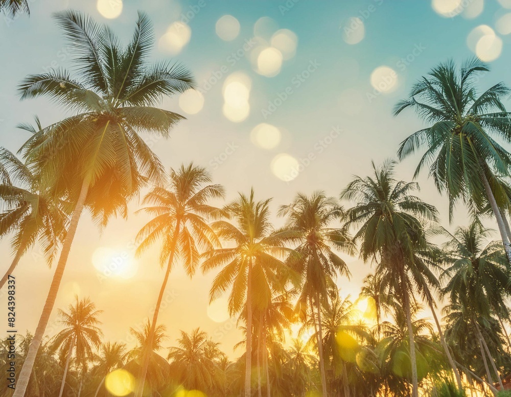 Sunset Silhouettes: Palm Coconut Trees with Flare and Bokeh