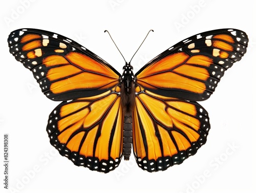 A closeup of a monarch butterfly with wings spread 