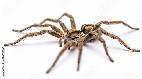 A closeup of a nursery web spider on a white background