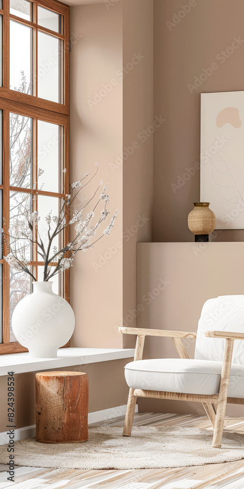 Elegant minimalist interiors in warm tones with minimal furniture. Interior design composition with copyspace for text.
