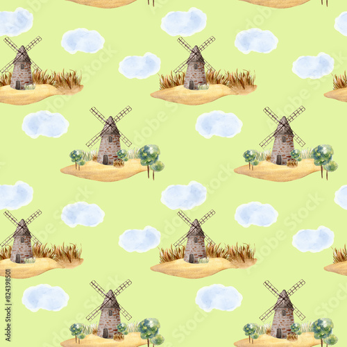 Windmill vintage in watercolor seamless pattern isolated on neutral background. Rural making bread mill hand drawn in sketch. Rural landscape for design package bread, flour, grocery store, bakery