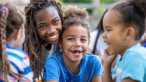 An AI-generated photo of a diverse group of children playing together at a park. AIG535 © Summit Art Creations