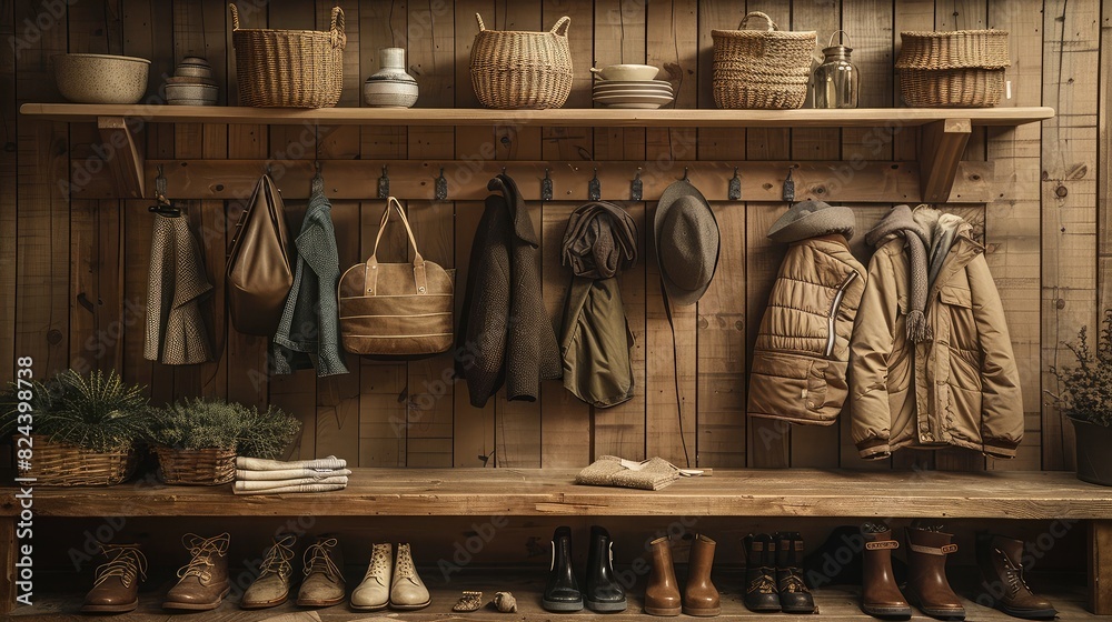 commercial photo, close-up, mudroom items, bottom view, soft light commercial photo, close-up, mudroom items, bottom view, soft light