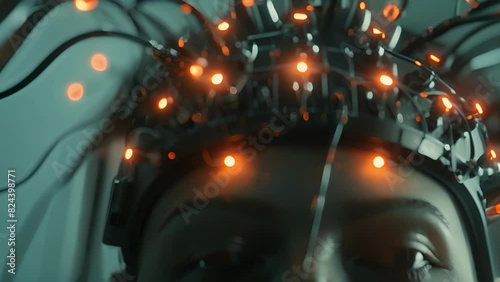 A futuristiclooking device with electrodes attached to a persons scalp claiming to use transcranial direct current stimulation to enhance cognitive function and promote states of heightened.