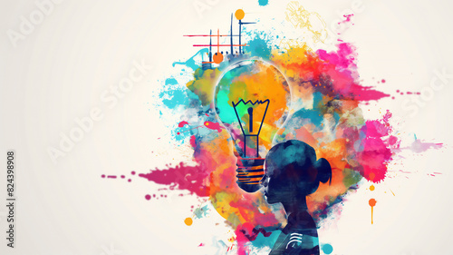 A silhouette of a person with a light bulb above their head, surrounded by vibrant splashes of color, symbolizing creativity, inspiration, and innovative thinking.