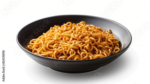 A black bowl filled with plain, cooked noodles, showcasing a simple and classic dish.