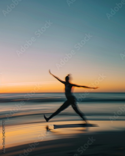 Young Woman Practicing Yoga on Beach at Sunrise, Capturing Motion and Balance