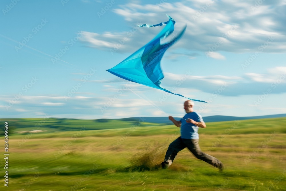 © Ryzhkov - Motion-Filled Joy: Middle-Aged Man Flying a Blue Kite in a Rustic Countryside Setting