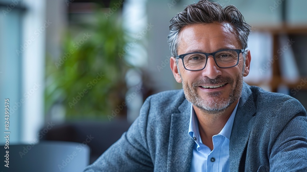 business man immersed in thought and wearing a warm smile as he sits at his desk in a Canadian workplace business man immersed in thought and wearing a warm smile as he sits at his desk in a Canadian workplace