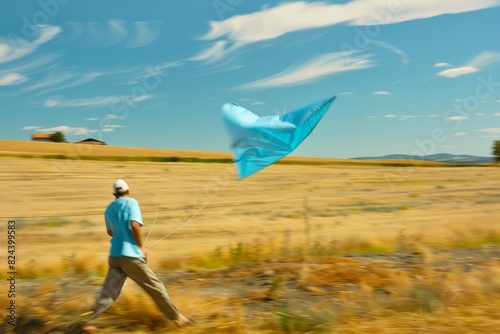 Joyful Middle-Aged Man Flying a Blue Kite in a Rustic Countryside - A Celebration of Freedom and Motion at Noon