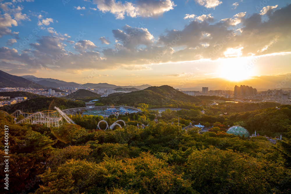 aerial view of theme park in Daegu at dusk aerial view of theme park in Daegu at dusk
