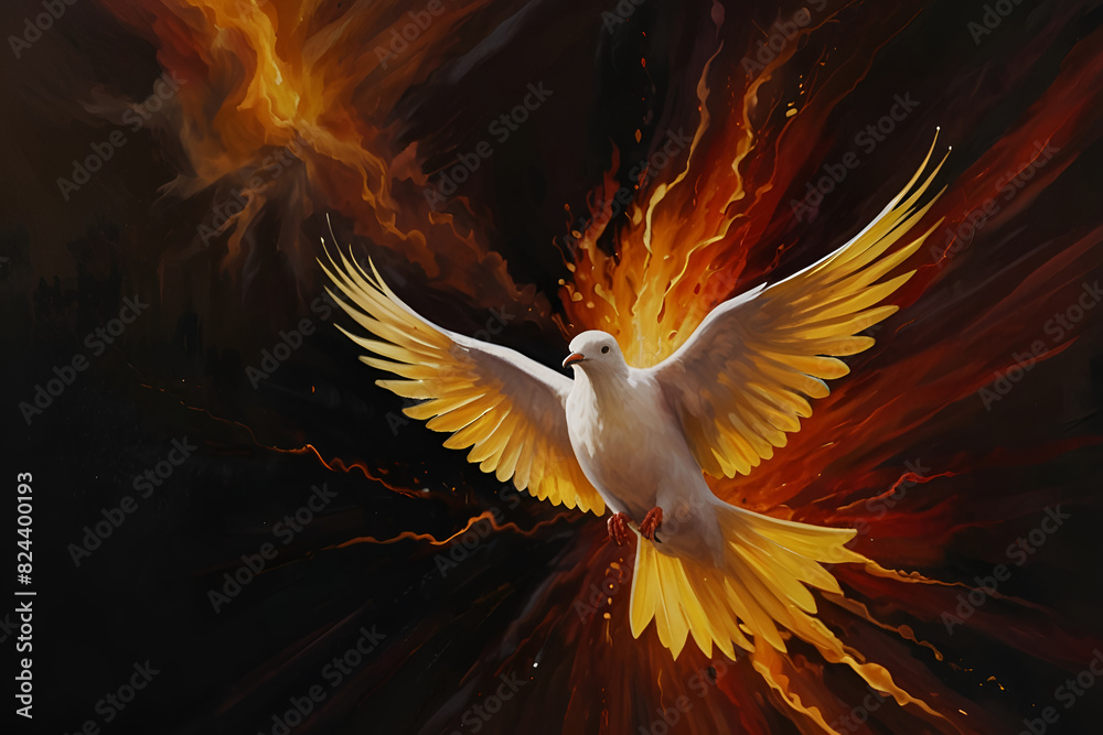 Obraz premium a dove that is flying in the air with flames Flames of Devotion An Oil Painting Depicting the Holy 