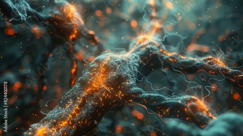 Show a neural networks architecture, with layers of neurons and synaptic connections, resembling a brainlike structure, Close up