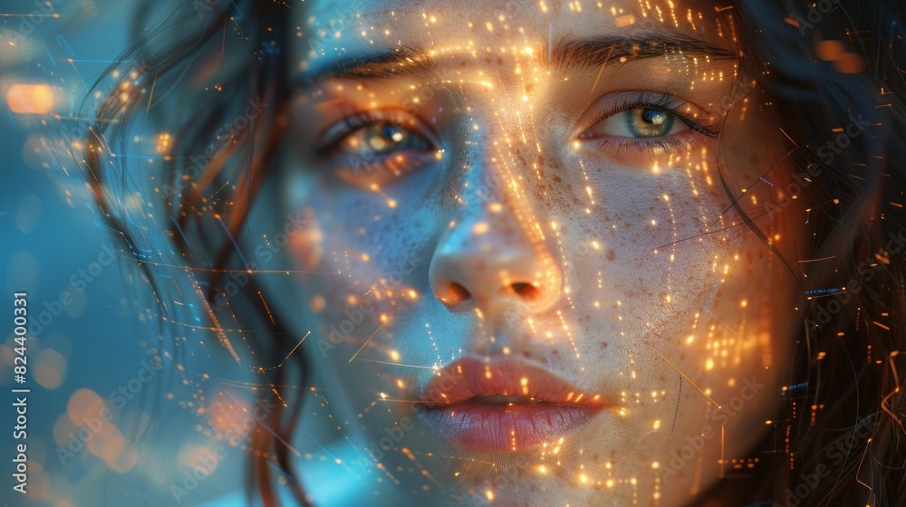 Dreamy portrait interwoven with holographic business symbols and die cut features