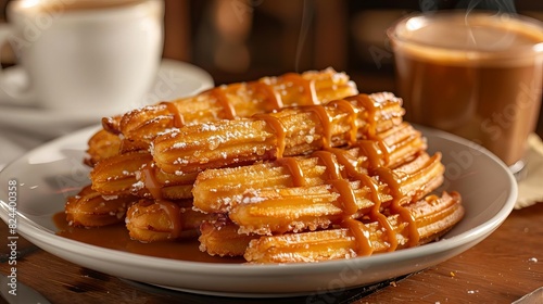 Show a plate of churros drizzled with caramel sauce, ready to be enjoyed with a cup of hot chocolate, Close up