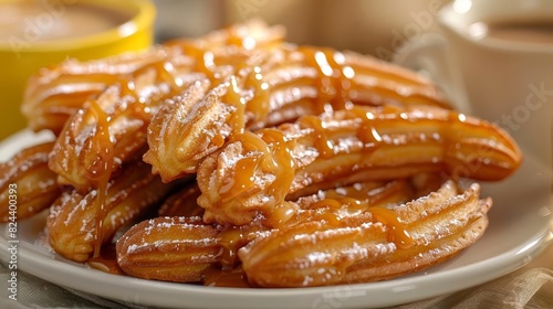 Show a plate of churros drizzled with caramel sauce, ready to be enjoyed with a cup of hot chocolate, Close up