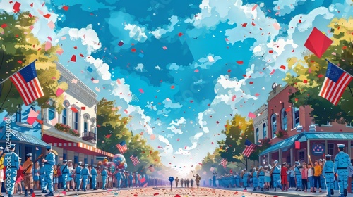 Colorful cartoon vector of a Memorial Day parade featuring marching bands, military personnel, and families with banners, all set in a lively town square Generative AI