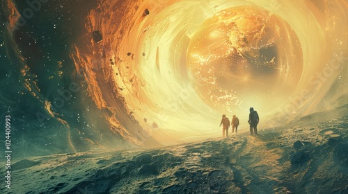 Show a team of explorers stepping out of a wormhole onto the surface of a strange, uncharted planet, Close up photo