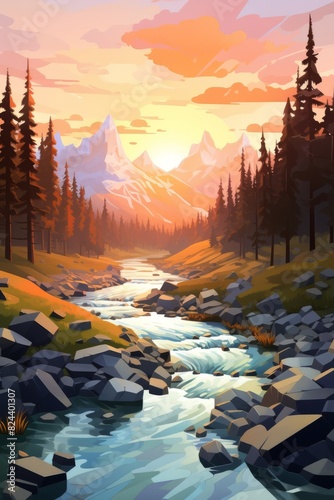 Low poly artwork, A transcendent river valley bathed in soft, morning light