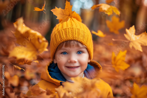 Young Joyful Boy in Yellow Beanie Delights in Falling Autumn Leaves  Bright Orange Foliage Background