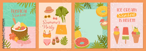 Tropical beach summer collection. Ice cream  Fruit salad  summer fashion and pool floaters for vector cards  posters and background