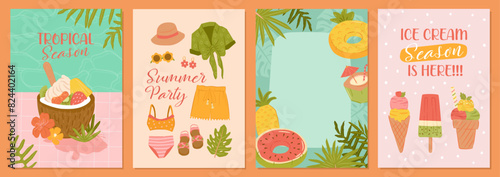 Tropical beach summer collection. Ice cream, Fruit salad, summer fashion and pool floaters for vector cards, posters and background