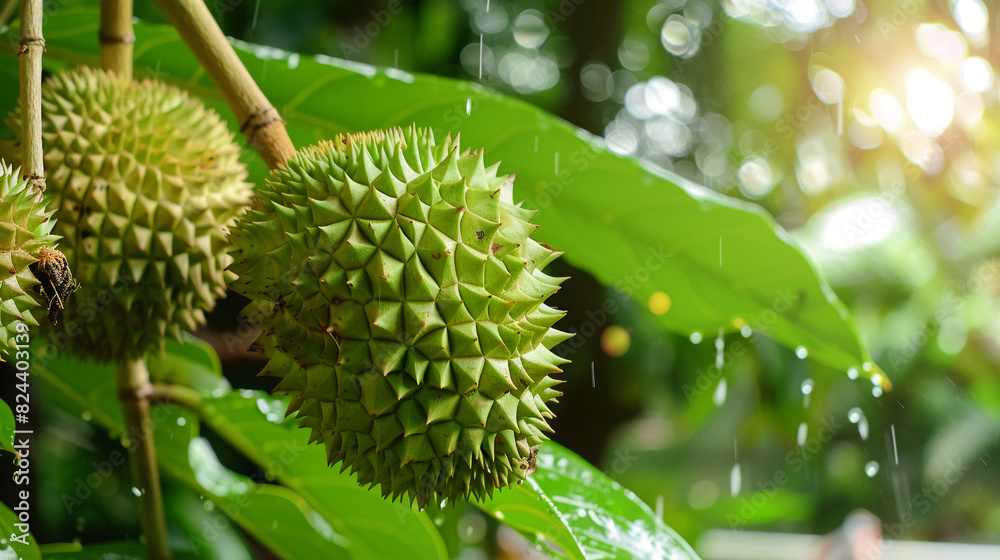 A durian fruit hanging on a tree. It has a green, spiky skin and a creamy, white flesh. A durian fruit hanging on a tree. It has a green, spiky skin and a creamy, white flesh.