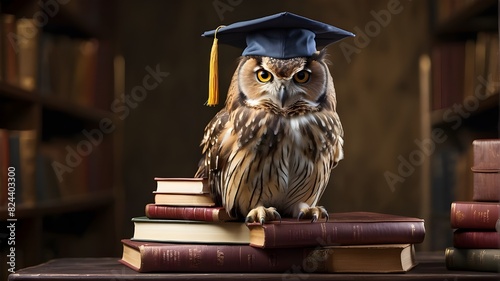 In a library, a wise owl wearing an academic cap sits atop volumes.