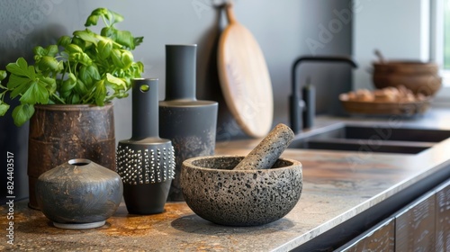Kitchen counter has grater mortar and pestle photo