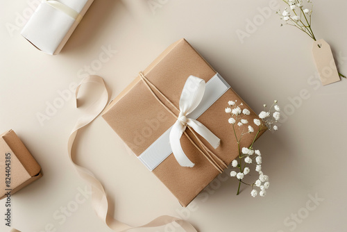 Online shopping. Parcels and gifts on a beige background. Top view. Copy space.