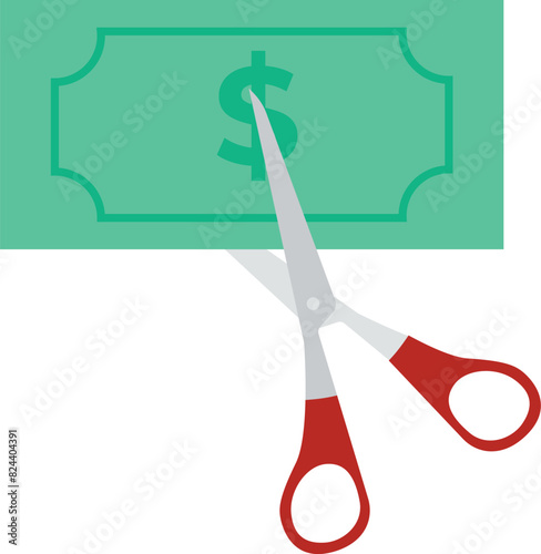 Cutting or lowering price concept. scissors cutting money bill in half. vector illustration in flat style