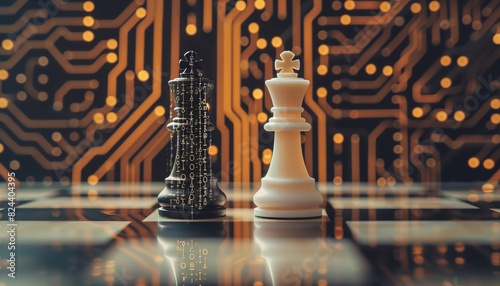 Ai Chess Game Concept with Chess Piece and Binary Network Computer Graphic on Background