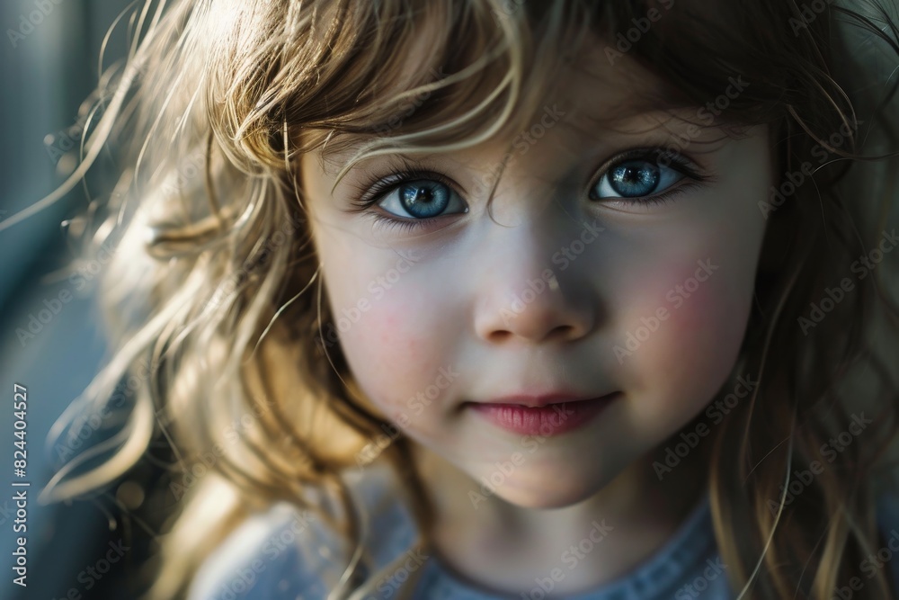 Portrait of small girl in living room at outdoors, Cute little girl face, AI generated