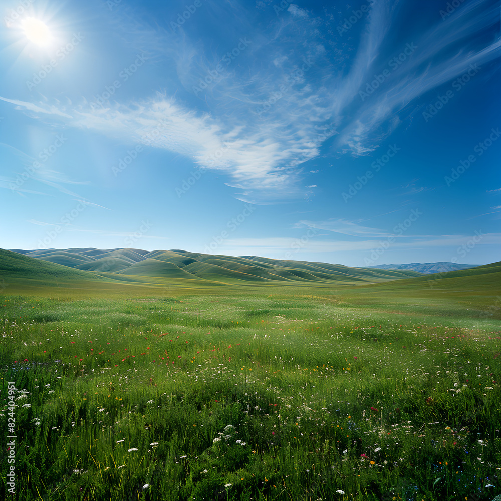 Serene Grassland with Wildflowers and Distant Hills Under a Clear Blue Sky