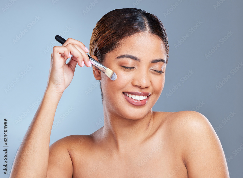 Woman, makeup and contour face for skincare, product and facial care in studio. Beauty, dermatology and cosmetics for girl model and grooming blush brush, foundation or morning routine in background Woman, makeup and contour face for skincare, product and facial care in studio. Beauty, dermatology and cosmetics for girl model and grooming blush brush, foundation or morning routine in background