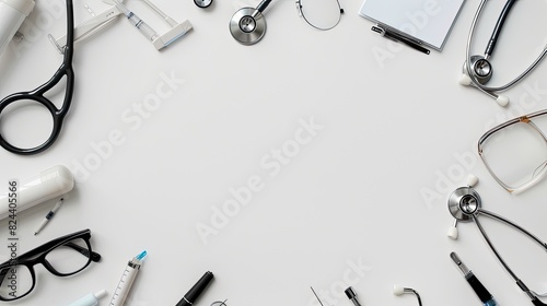 A clean and organized arrangement of medical and optical instruments on a white background, featuring stethoscopes and eyeglasses with copy space photo