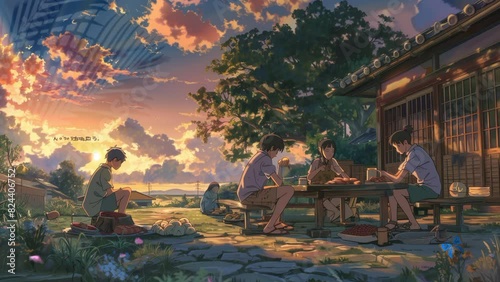As the sun sets, painting the sky with warm colors, gather for a peaceful evening chat with various kinds of foody. seamless looping time lapse animation video background  photo